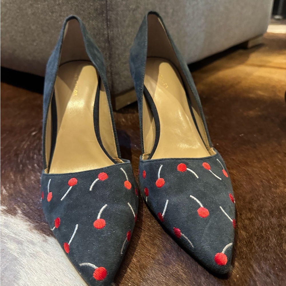 Ann Taylor Black Suede Pointed-Toe Pumps with Red Cherry Embroidery